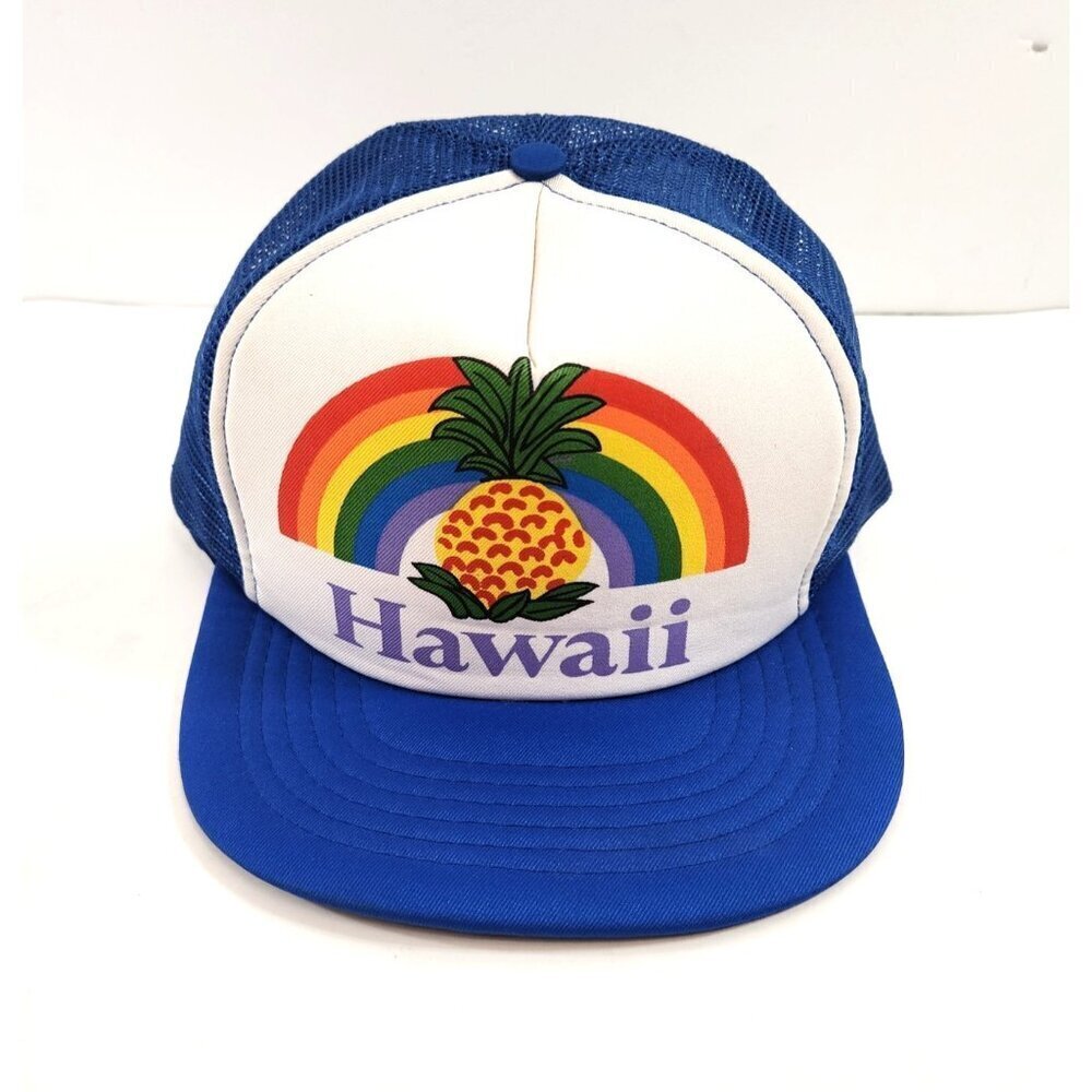 Vintage Hawaii Pineapple Rainbow Logo Trucker Hat Blue White 1980s Mesh